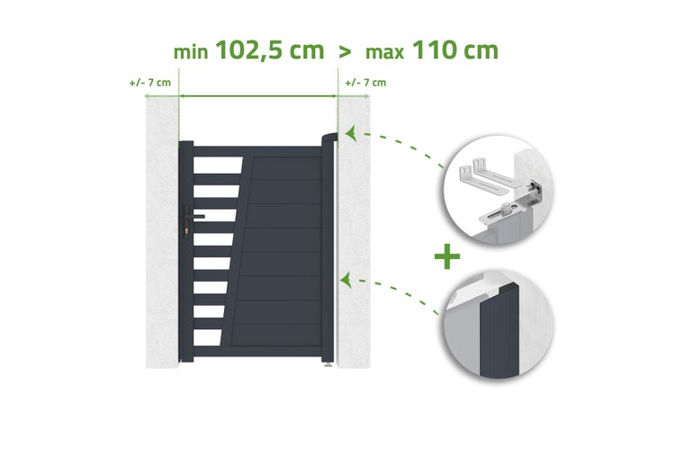 Verstellbares Gartentor zwischen Pfosten mit Maßen von 102,5 Zentimeter bis 110 Zentimeter und Detailansicht der Wandbefestigung.