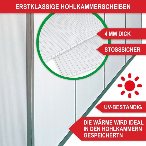 Hohlkammerscheibe mit 4 Millimeter Stärke, stoßsicher, UV-beständig und wärmespeichernd durch Hohlkammern.