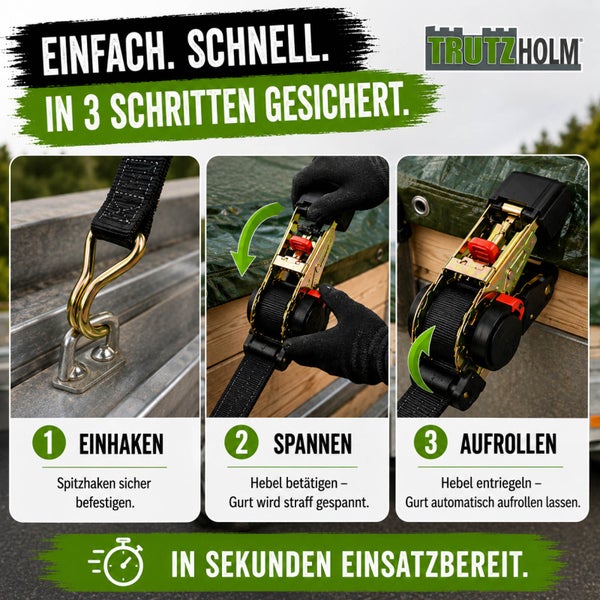 Anleitung zur Verwendung eines Trutzholm Automatik Zurrgurtes in drei Schritten: Einhaken, Spannen und Aufrollen auf einem Anhänger.