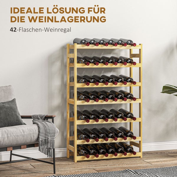 HOMCOM Weinregal Flaschenregal für 42 Weinflaschen, mit 7 Ebenen, Standregal aus Holz, Weinhalter mit Kippschutz für Küche, Natur 63 x 25 x 102 cm