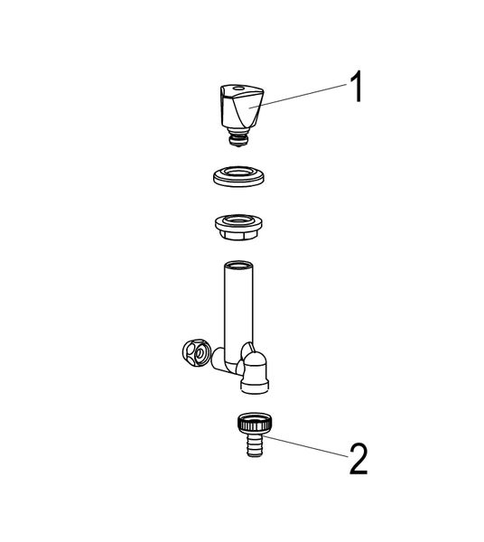 Explosionszeichnung einer Armatur mit nummerierten Einzelteilen, bestehend aus Griff und Schlauchanschluss.