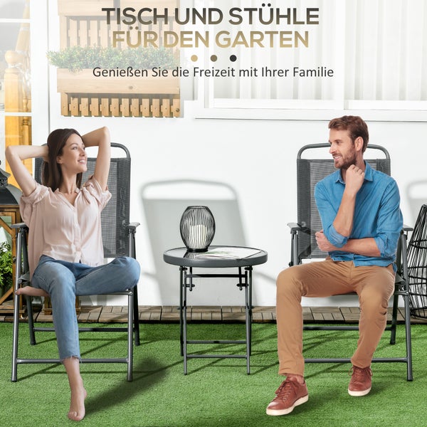 Outsunny Bistro-Set 3-teilig aus Metall Wetterfest Gartenmöbel Set mit klappbar Glastisch Gartenstühlen Outdoor Balkonmöbel Set Sitzgruppe Balkonset Gartengarnitur Dunkelgrau