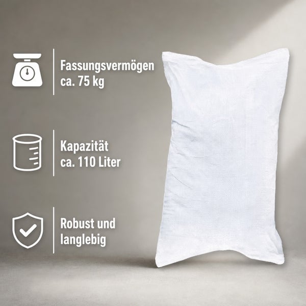 Robuster Gewebesack mit Fassungsvermögen von circa 75 Kilogramm und Kapazität von circa 110 Liter für vielseitige Lagerung und Transportzwecke.