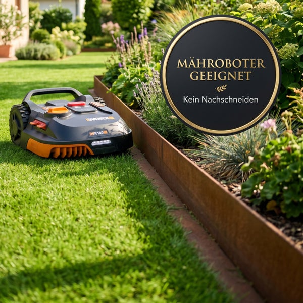 Mähroboter mäht Rasen direkt an einer metallenen Rasenkante. Symbol zeigt Eignung für Mähroboter ohne Nachschneiden.