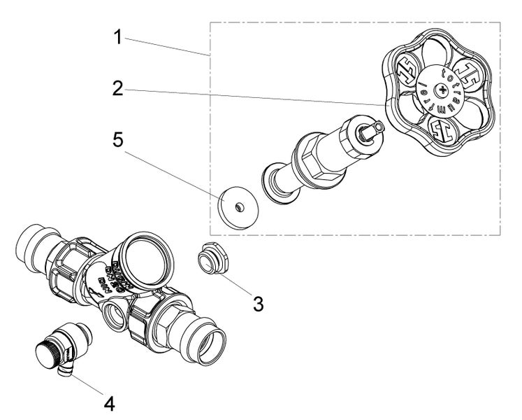 Explosionszeichnung einer Armatur mit nummerierten Bauteilen wie Handrad, Ventiloberteil und Entleerungshahn.