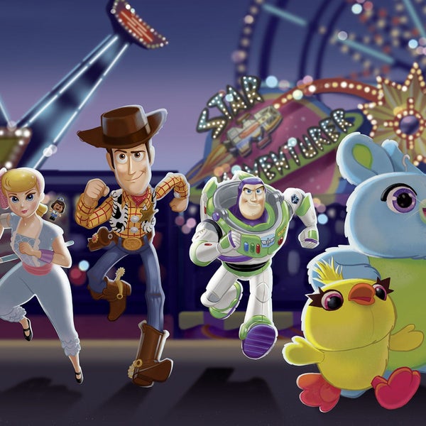 Illustration der Toy Story Charaktere vor einem Vergnügungspark