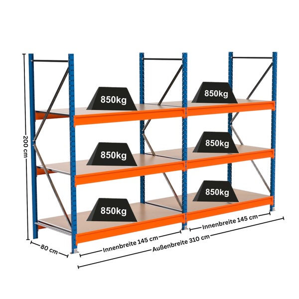 Schwerlastregal mit drei Ebenen und Gewichtsangaben