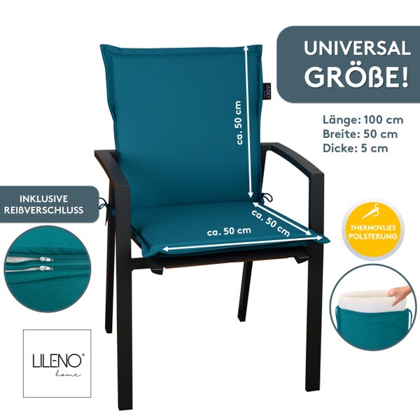 Lileno Home Hochlehner-Stuhlauflage mit den Maßen zirka 100 mal 50 mal 5 Zentimeter, mit Reißverschluss und Thermovlies-Polsterung.
