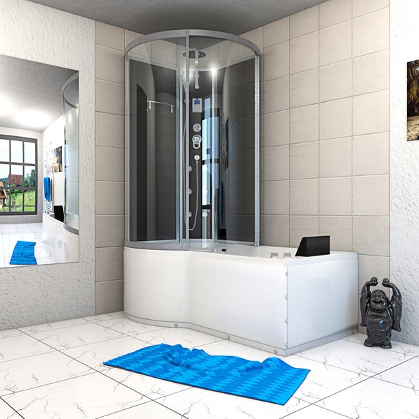 Dampfdusche und Whirlpool-Badewanne Kombination in modernem Badezimmer mit hellen Fliesen und Glasabtrennung.