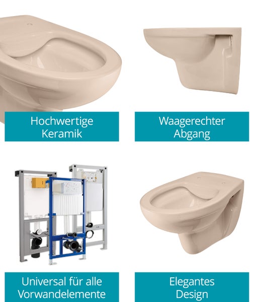 Calmwaters® Spülrandloses Hänge WC in Beige-Bahamabeige, Wand WC Abgang waagerecht, Tiefspül WC ohne Spülrand, Tiefspüler wandhängend, Wandtoilette aus Sanitärkeramik in Beige, 08AB6146