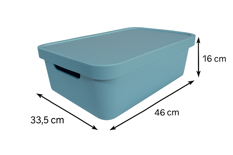 Aufbewahrungsbox aus Kunststoff mit Deckel und den Maßen 46 cm x 33,5 cm x 16 cm.