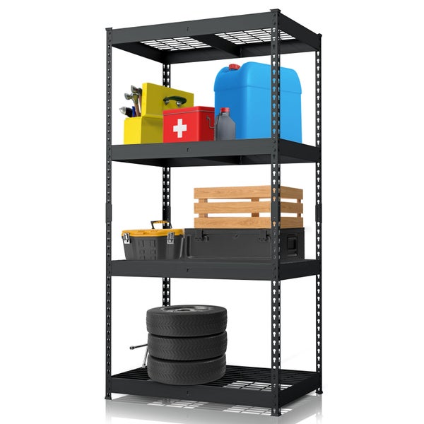 Schwarzes Metallregal mit fünf Ebenen und diversen Gegenständen zur Aufbewahrung