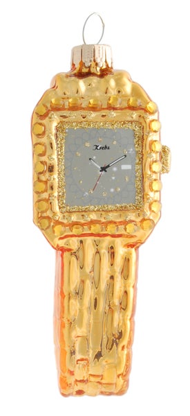 Damenuhr in Gold 10cm, Glasornament, mundgeblasen und handekoriert, 1 Stck.