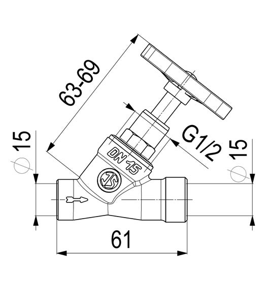 Maßzeichnung Schrägsitzventil, 61 Millimeter Länge, 63 bis 69 Millimeter Höhe, Anschlüsse Nennweite 15 und G 1/2 Zoll.