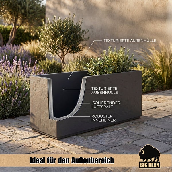 Rechteckiger Pflanzkübel mit strukturierter Oberfläche und isolierendem Luftspalt im Außenbereich mit Big Dean Logo.