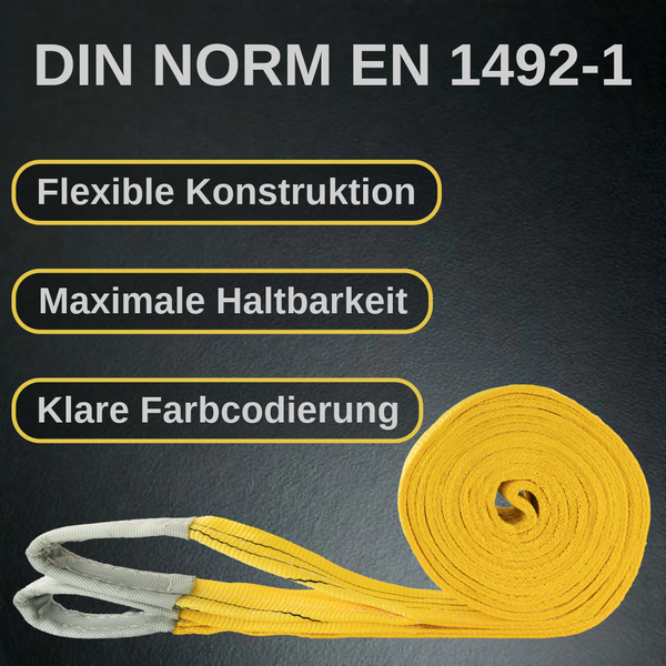 Hebeband entsprechend DIN Norm EN 1492-1 mit flexibler Konstruktion, maximaler Haltbarkeit und klarer Farbcodierung.