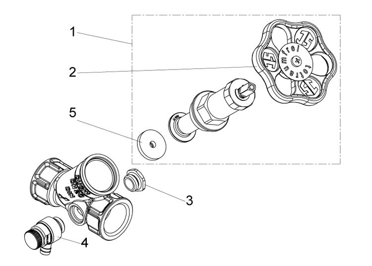 Explosionszeichnung einer Ventilarmatur mit durchnummerierten Einzelteilen wie Handrad, Dichtung und Gehäuse.