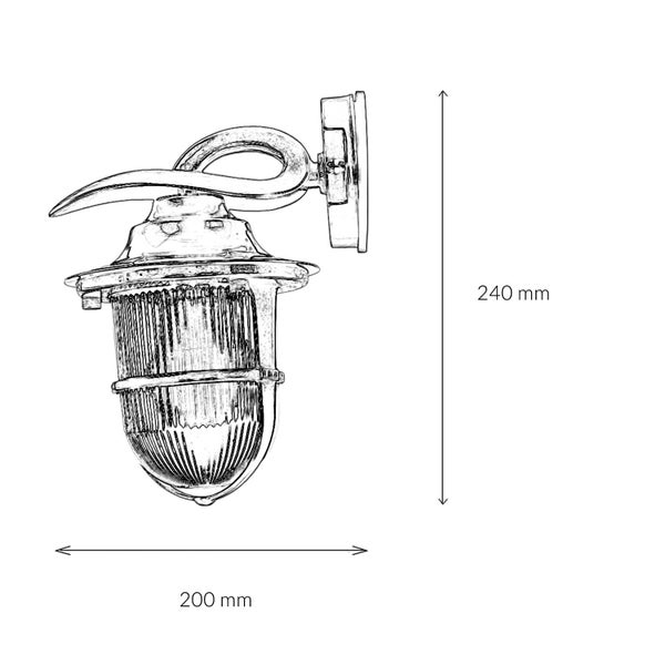 Skizze einer Wandleuchte mit den Maßen 240 mm Höhe und 200 mm Breite.