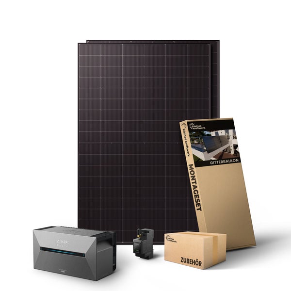 Balkonkraftwerk Set mit zwei Solarmodulen, Anker Solix Speicher, Smart Meter und Montageset für Gitterbalkone.