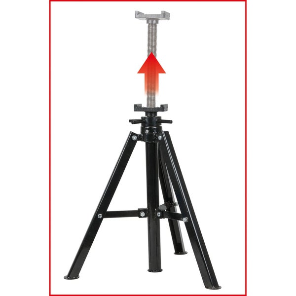 Dreibeiniger Unterstellbock aus Metall mit Gewindespindel zur Höhenverstellung, rot.