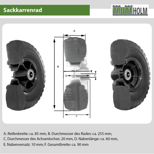 Technische Zeichnung eines Trutzholm Sackkarrenrads mit Maßangaben für Reifenbreite, Raddurchmesser, Achsenloch, Nabenlänge und Nabenversatz.