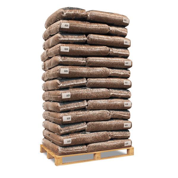 Palette mit mehreren Säcken Rindenmulch, Inhalt pro Sack 60 Liter.