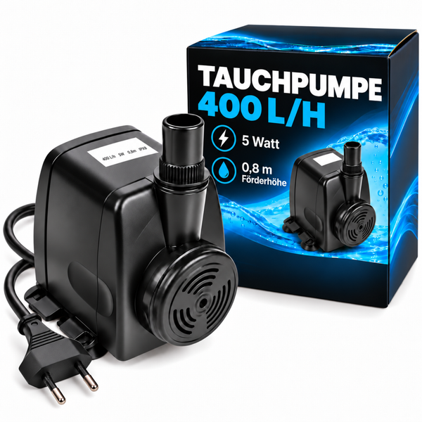 Schwarze Tauchpumpe mit 400 Liter pro Stunde Leistung, 5 Watt und 0,8 Meter Förderhöhe, inklusive Verpackungskarton.