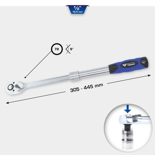 Brilliant Tools Umschaltknarre, 1/2 Zoll, Teleskopfunktion, 305 bis 445 Millimeter