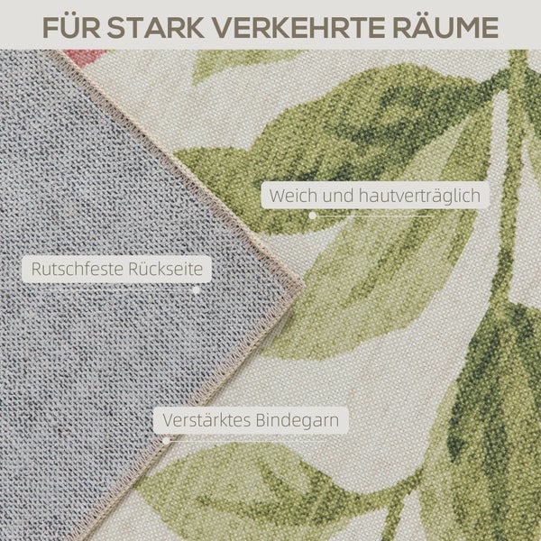 Detailansicht eines Teppichs mit Blättermuster, rutschfester Rückseite, weicher Oberfläche und verstärktem Bindegarn für stark genutzte Räume.