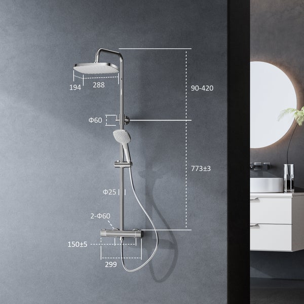 EMKE Duschsystem mit Thermostat, 2 Auslassarten, Regendusche und Handbrause mit 3 Strahlarten, Chrom, 30 cm Armatur, 1,5 m Schlauch, KTW, Höhe: 120 cm
