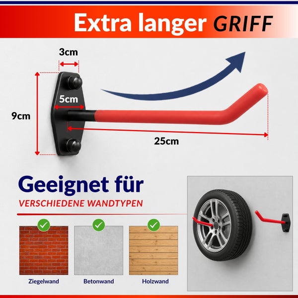 Wandhalterung für Reifen mit Maßangaben und Anwendungshinweisen für Ziegel, Beton und Holz.