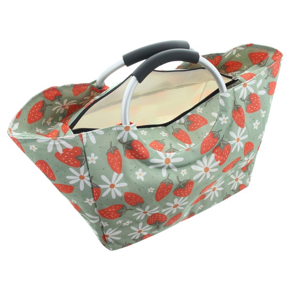 Einkaufskorb mit Erdbeer- und Blumenmuster, gepolsterten Aluminiumgriffen und Reißverschluss.