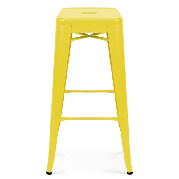 Gelber Barhocker aus Metall mit quadratischer Sitzfläche und Fußstützen.
