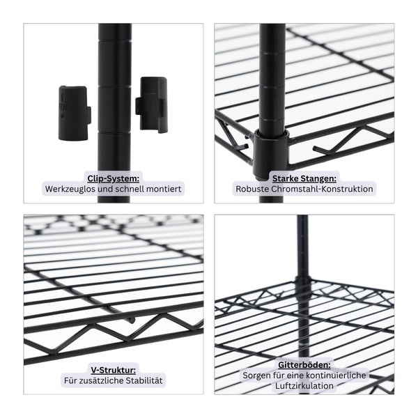 Detailansichten eines Metallregals: werkzeugloses Clip-System, robuste Chromstahlstangen, V-Struktur zur Stabilisierung und Gitterböden.