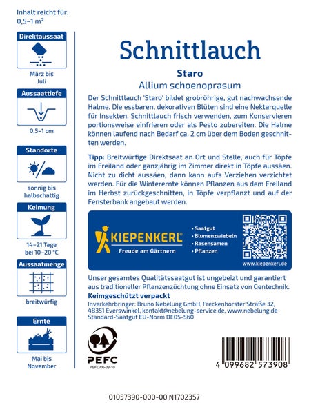 Schnittlauch Staro Samenpaket für den Anbau von Kiepenkerl mit Anbauinformationen und Piktogrammen zur Aussaat und Ernte.