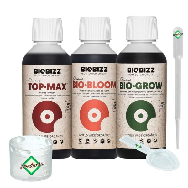 Biobizz Dünger Set mit Top-Max, Bio-Bloom, Bio-Grow sowie Weedness Messbecher, Pipette, Dosierlöffel, Biobizz Logo, Weedness Logo.