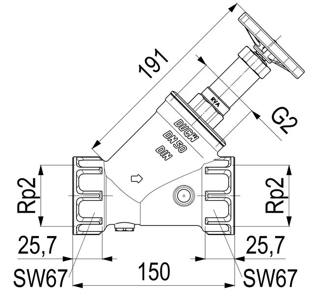 Technische Zeichnung eines Schrägsitzventils DN50 mit Maßangaben Rp2, 150 Millimeter Baulänge und 191 Millimeter Höhe.