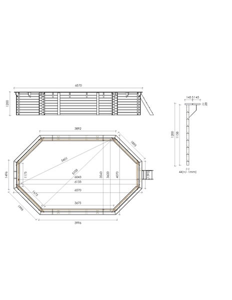 Technische Zeichnung eines Gartenhauses mit Maßangaben