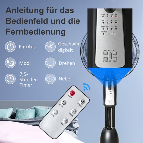 HOMCOM Standventilator mit 2,8 Liter Wasserkühlung, 90 W Ventilator mit Timer-Funktion Lüfter mit 3 Modi mit Nebelfunktion, Verstellbarer Neigungswinkel, Metall, Schwarz, 44,5cm x 44,5cm x 120cm