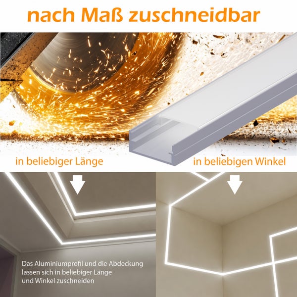 Aluminiumprofil fuer LED Streifen das individuell auf Mass zugeschnitten und fuer verschiedene Winkel montiert werden kann.