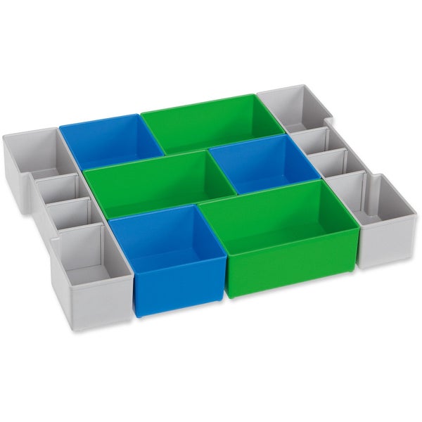 Mehrfarbiges Sortierboxen-Set aus Kunststoff in verschiedenen Größen für die Organisation von Kleinteilen.