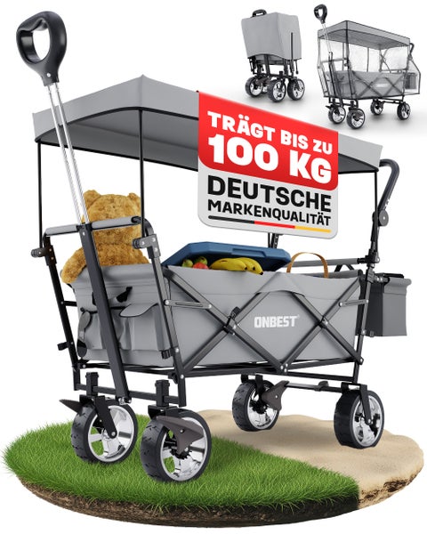 Faltbarer Bollerwagen mit Dach, Tragkraft bis einhundert Kilogramm, ONBEST Markenqualität, mit Profilrädern und Hecktasche.