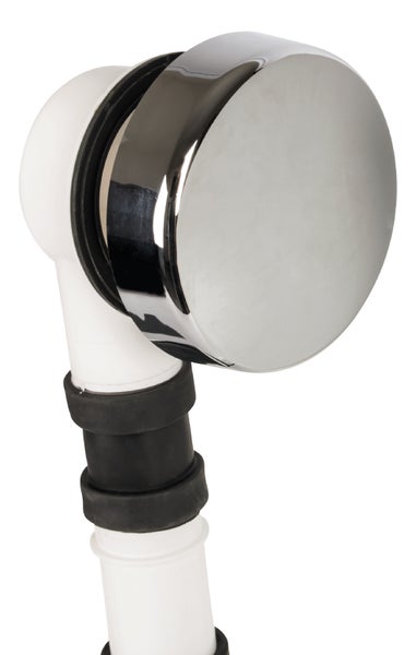 Überlaufgarnitur für Badewannen mit verchromter Abdeckung und weißem Kunststoffrohr.