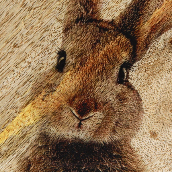 Holzbrett mit einem Hasenmotiv als Brandmalerei