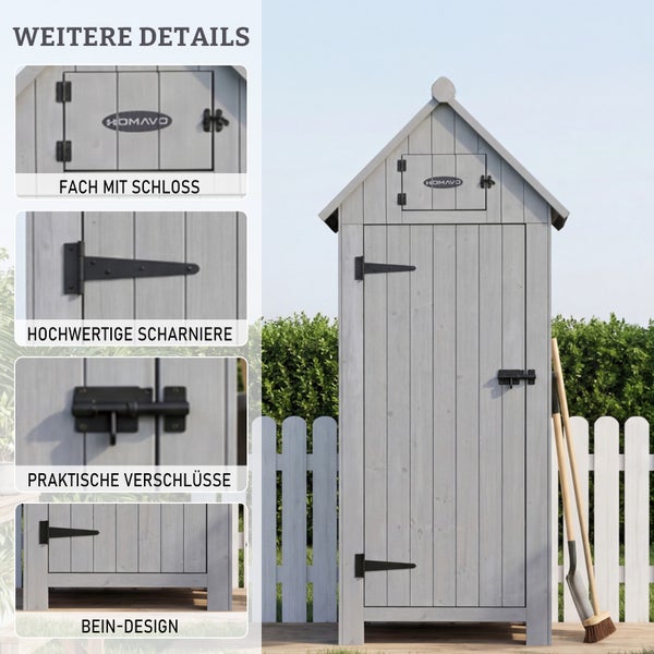 Gartenschrank aus grauem Holz mit Satteldach, Haupttür, kleinem Oberfach, schwarzen Metallscharnieren und Riegeln, HOMAVO Logo auf der Tür.