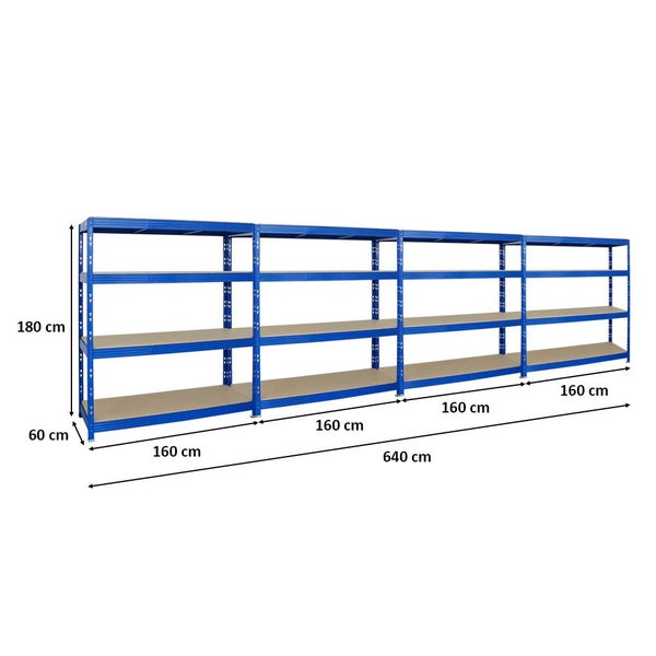 PROREGAL Mega Deal 4x Profi Schwerlastregal Rhino HxBxT 180 x 160 x 60 cm 4 Spanplatten-Ebenen 16mm Fachlast 500 kg Blau