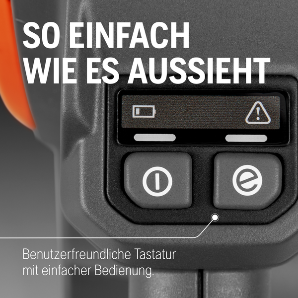 Benutzerfreundliches Bedienfeld mit Akkustandsanzeige, Warnsymbol, Ein-Aus-Taste und Eco-Modus-Taste.