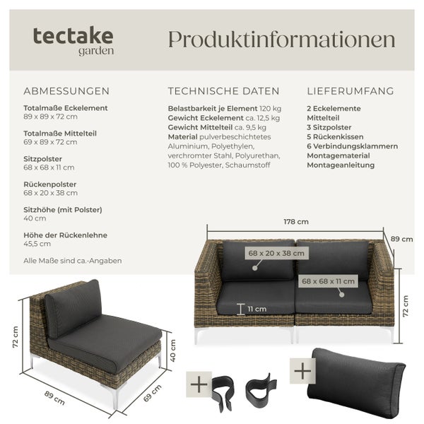 Modulares Rattanset tectake Villanova kein Aufbau Sessel und Eckelemente mit Aluminiumgestell anthrazit-meliert