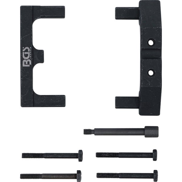 Motoreinstellwerkzeug-Set von BGS technic aus schwarzem Stahl mit Nockenwellenarretierung, Schrauben und BGS technic Logo.