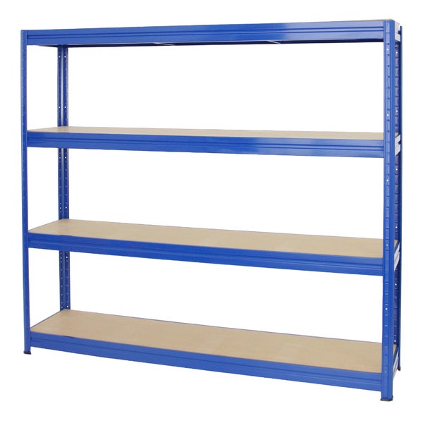 Blaues Schwerlastregal aus Metall mit vier Holzböden.